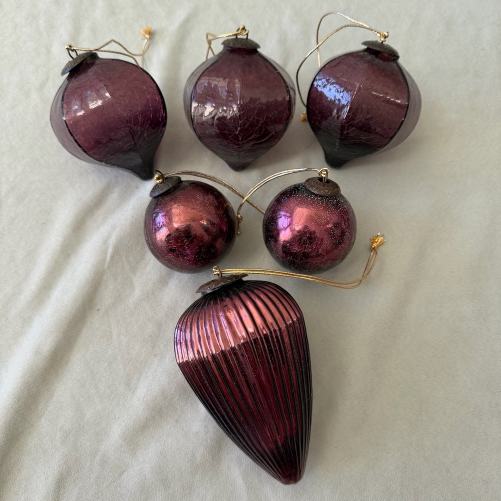 Purple Blown Glass Kugel Ball Christmas Ornament Set Of 6